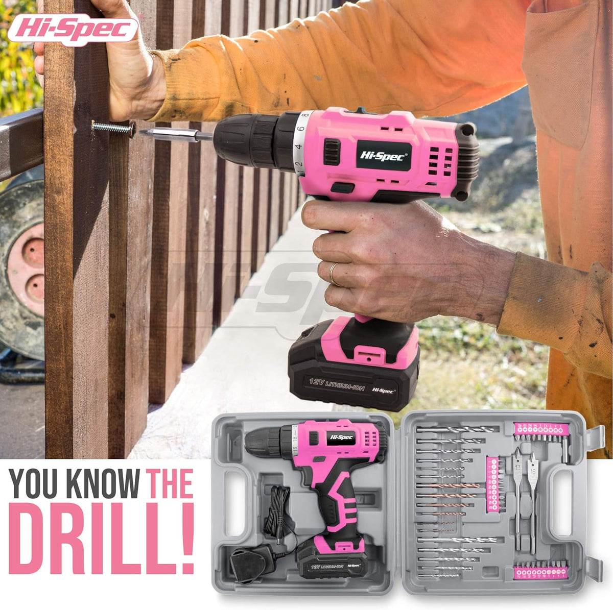 50 Piece Pink 12V Cordless Drill Driver & Multi Bit Set with Tool Case X2832