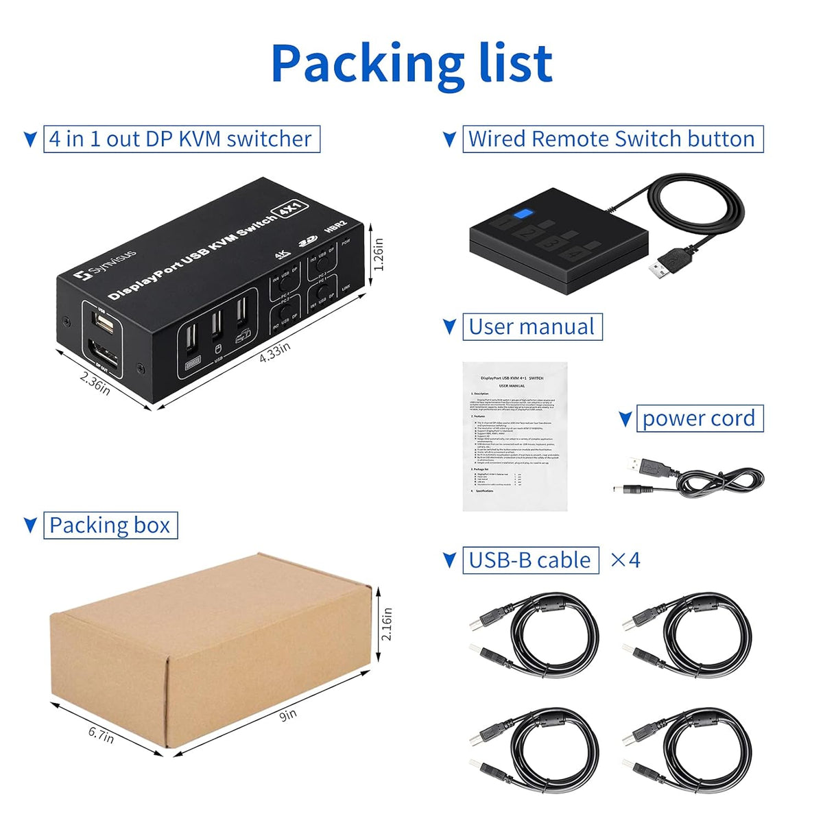 4 Port DisplayPort KVM Switch 4K@60Hz USB and DP KVM Switcher with 4 USB Cables N994890