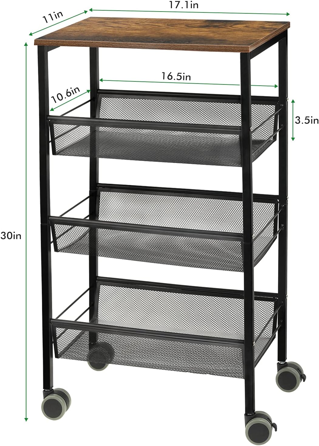 Black 3-Tier Rolling Kitchen Cart with Wooden Shelves M469