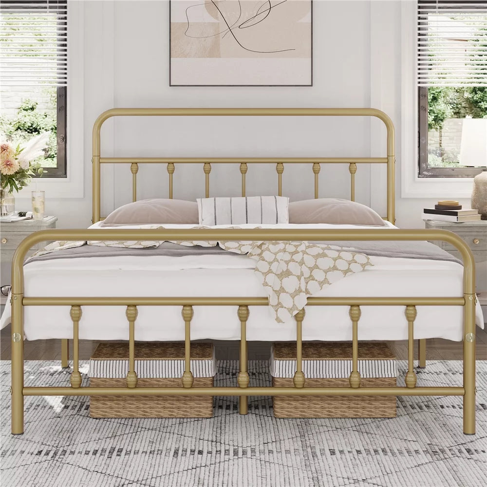 Platform Bed with High Headboard and Footboard Full Antique Gold U141593