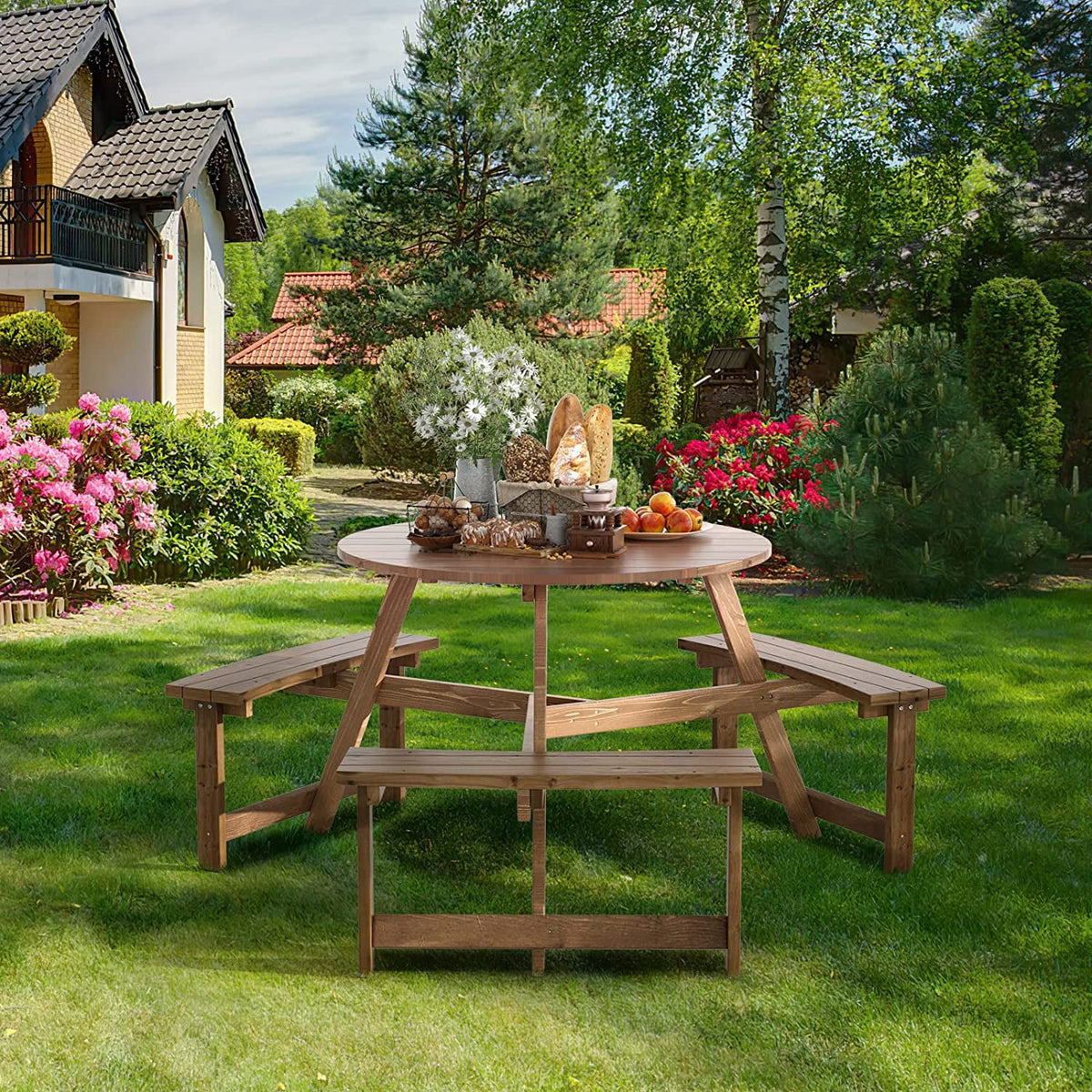 6 People Wooden Picnic Table Bench Set with Umbrella Hole F651177