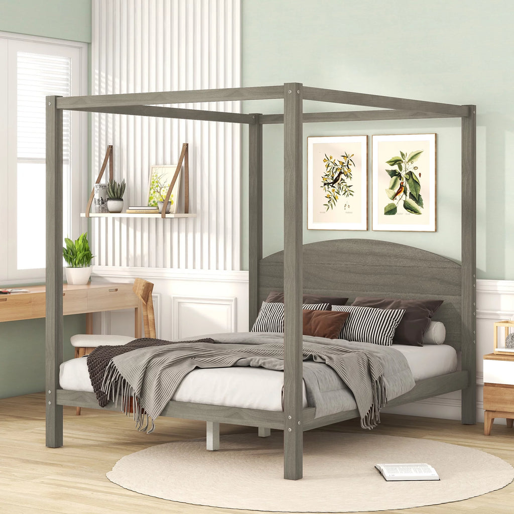 Wood Queen Size Canopy Bed with Headboard M4584
