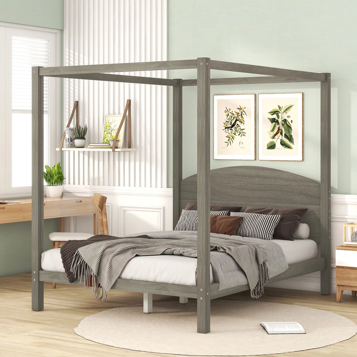 Wood Queen Size Canopy Bed with Headboard M4584