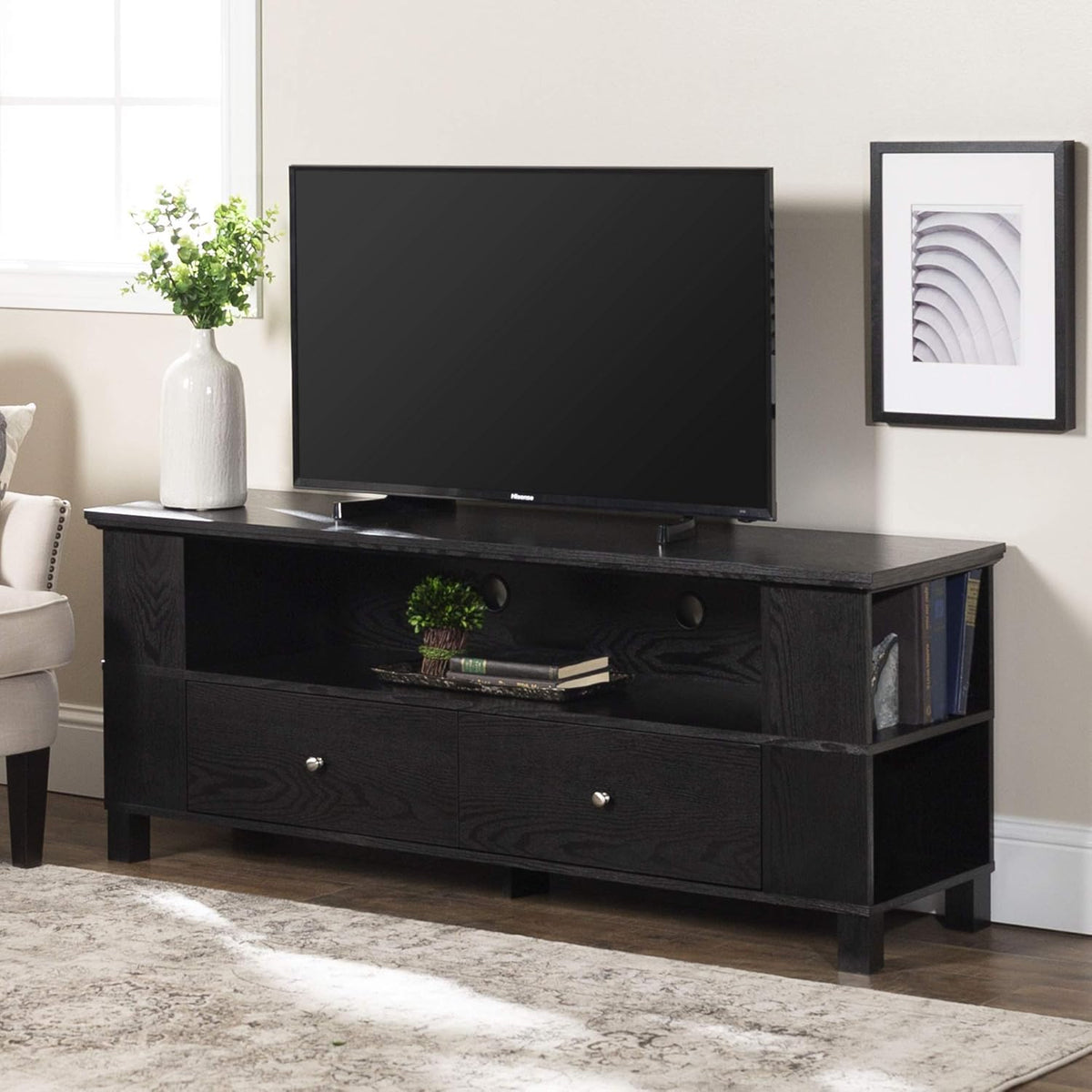 60 Inch Black TV Stand with Cabinet Doors and Side Storage F668890