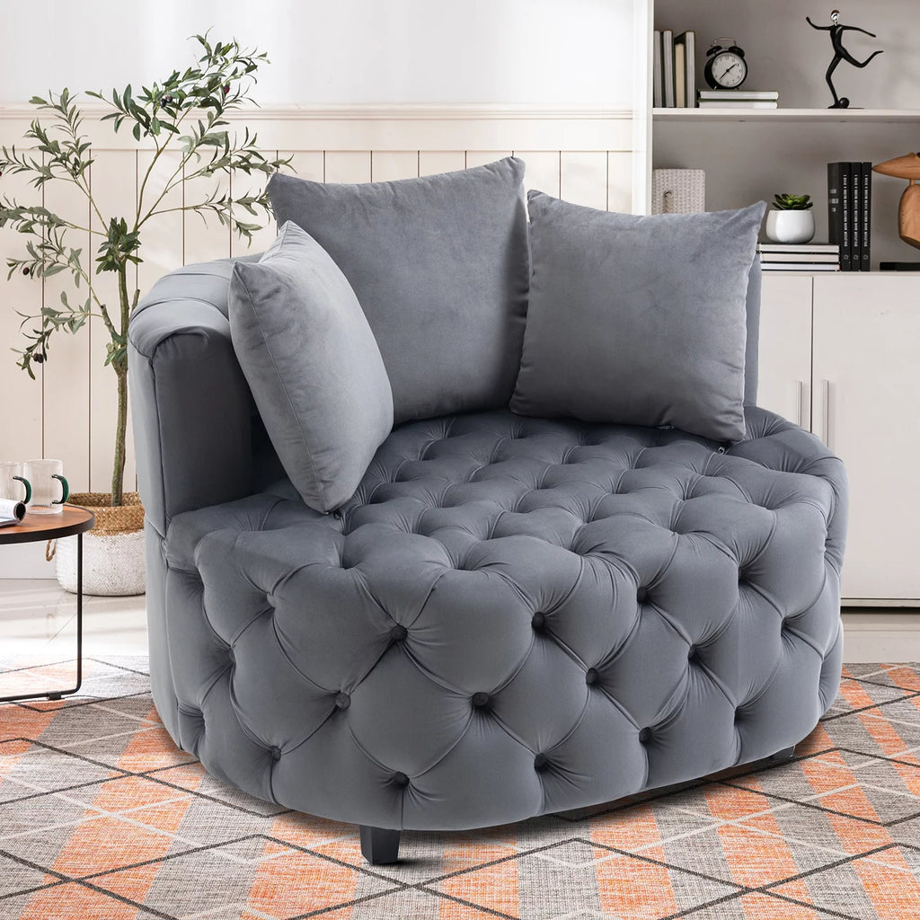 Gray Velvet Tufted Barrel Chair with Wooden Legs and 3 Pillows W99735