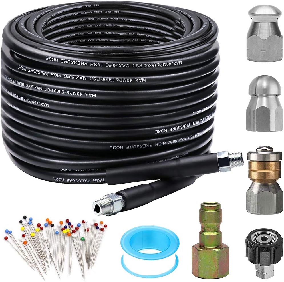 Sewer Jetter Kit for Pressure Washer 50FT, 5800PSI Drain Cleaner Hose 1/4 Inch NPT, Rotating Sewer Jetting Nozzle, Waterproof Tape Pack of 2 R172353