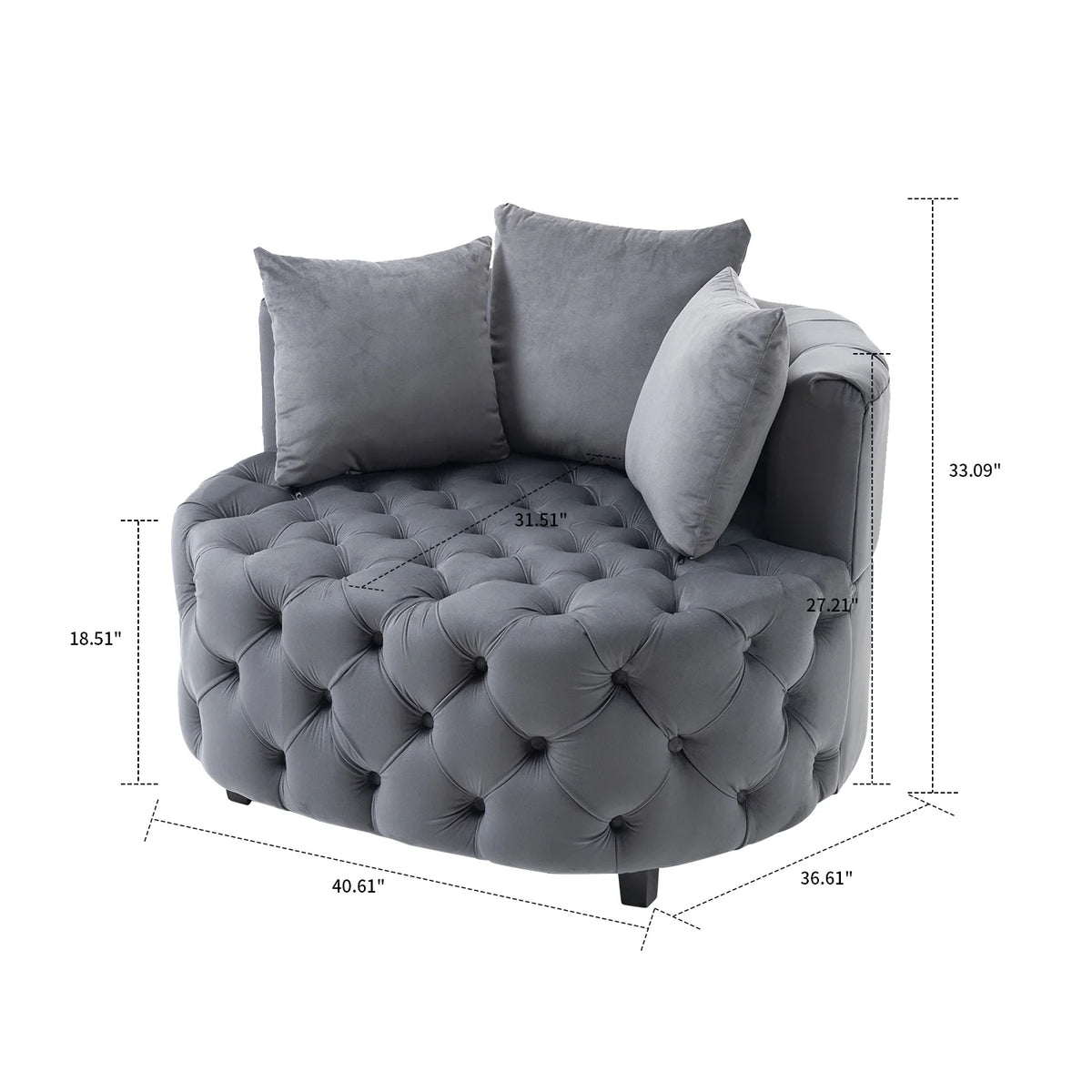 Gray Velvet Tufted Barrel Chair with Wooden Legs and 3 Pillows W99735