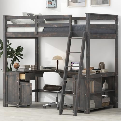 Full Size Solid Wood Loft Bed with Desk and Storage Drawers (White) X88122