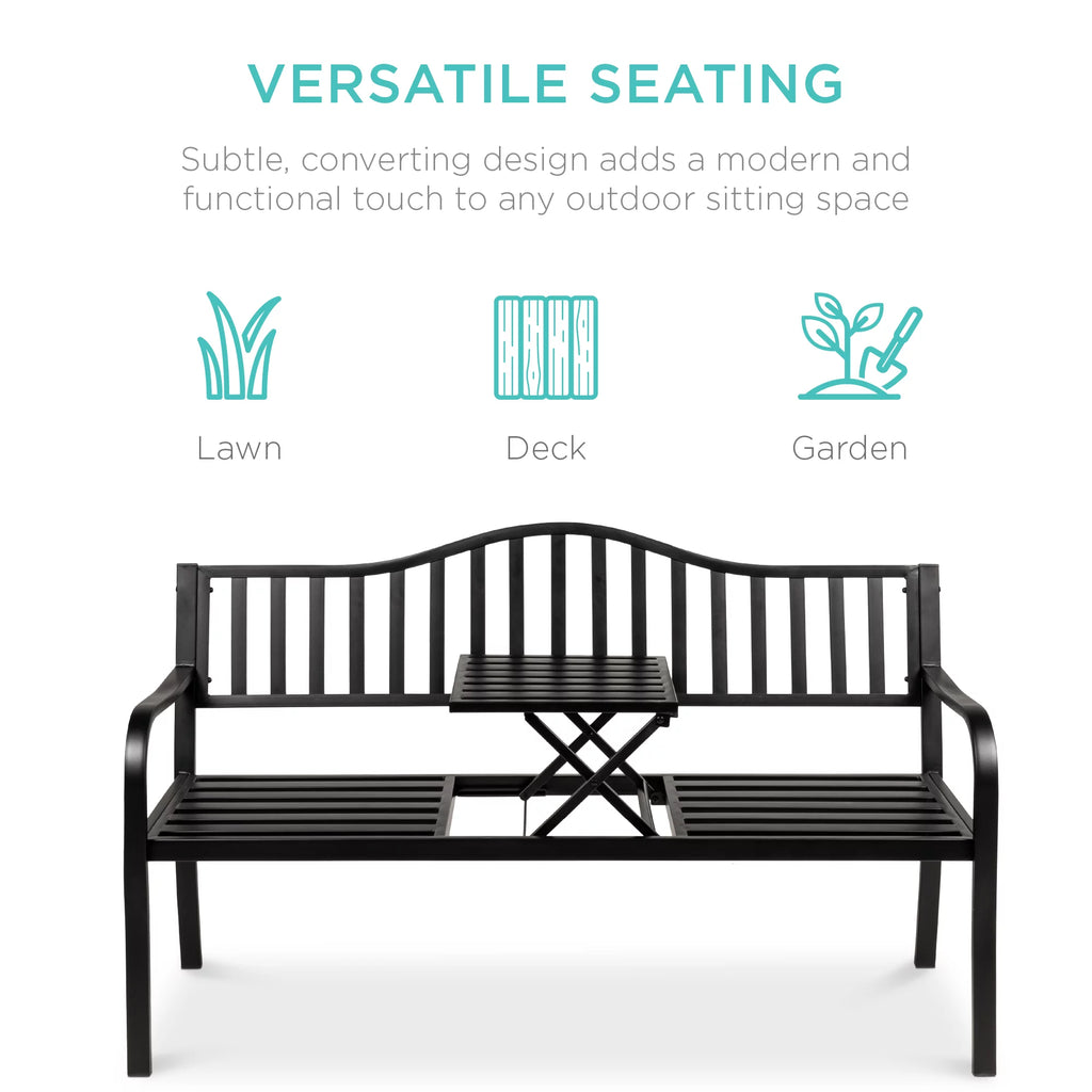 Black Steel Patio Bench with Pullout Middle Table P4414