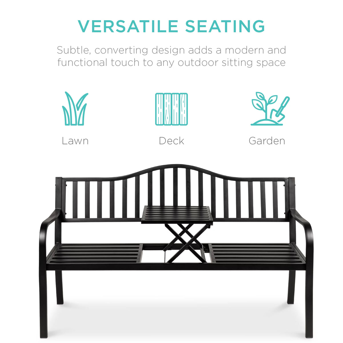 Black Steel Patio Bench with Pullout Middle Table P4414