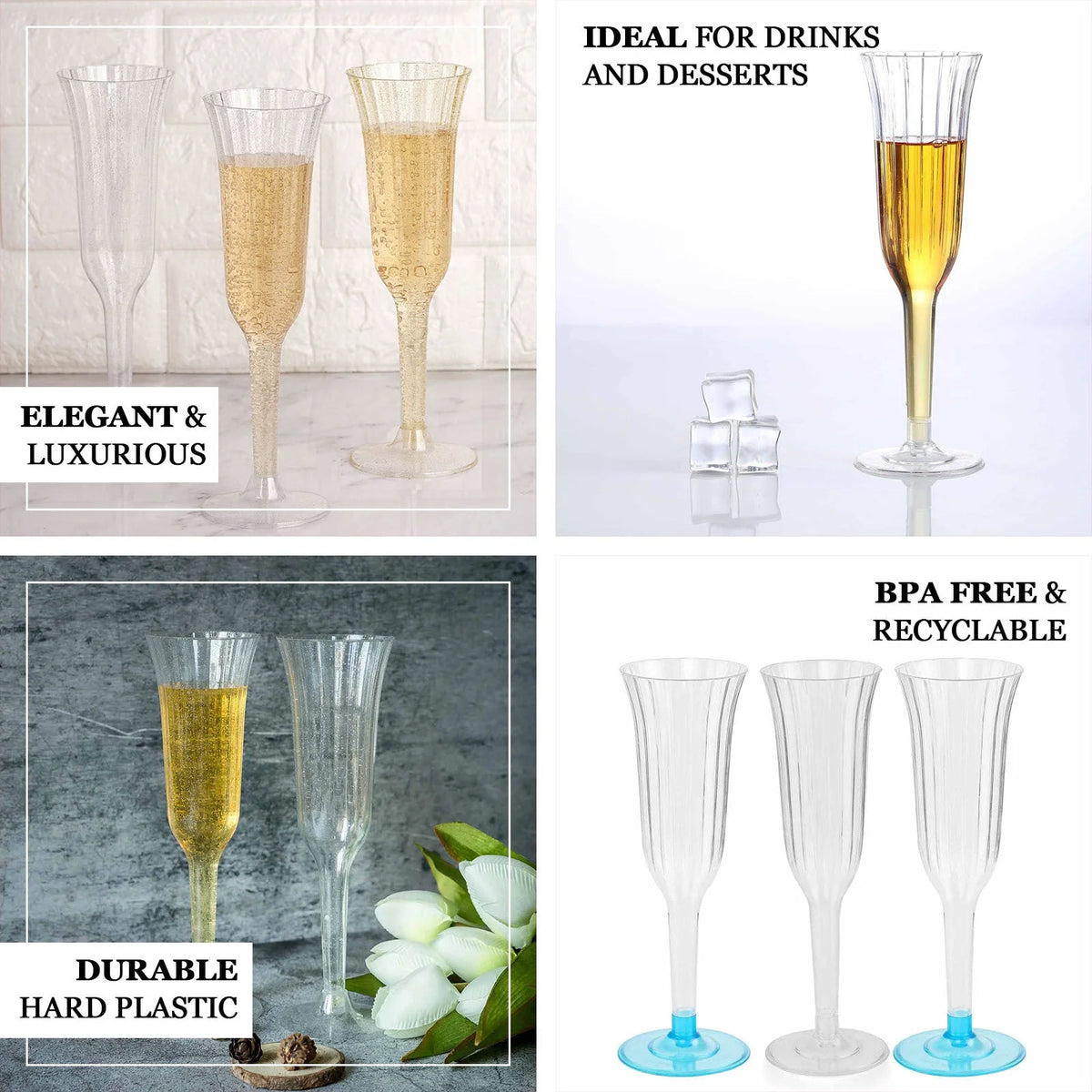 60 Pcs Gold Glitter Clear Plastic Champagne Flutes X61499