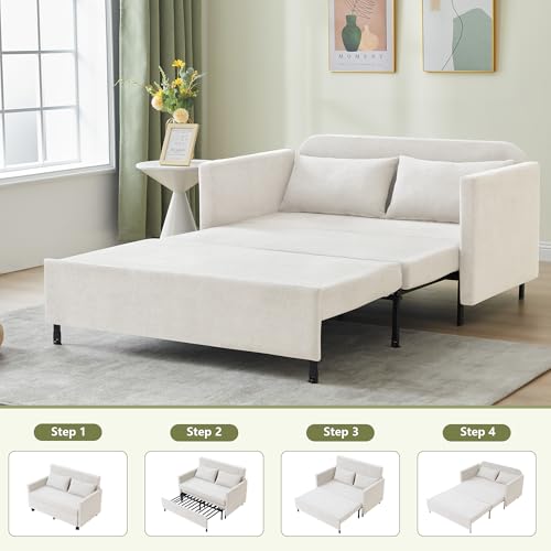 3-in-1 Sleeper Sofa Bed, 51'' Convertible Folding Couch with Pullout Bed, Chenille Futon Sleeper Sofa with Side Table and 2 Pillows, Grey F321044