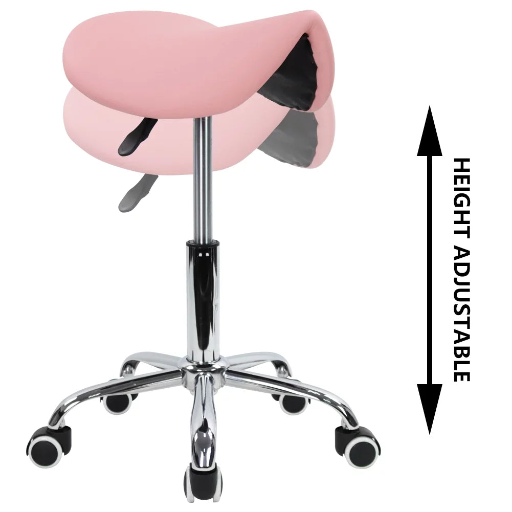 Pink PU Leather Adjustable Rolling Saddle Stool H82357