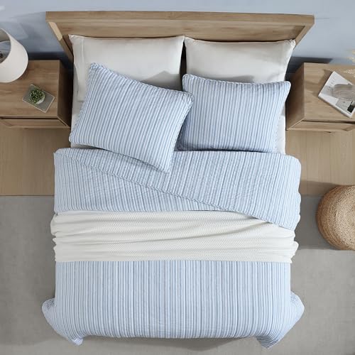 Queen Quilt Set, Reversible Cotton Bedding with Matching Shams, Light Blue H7369