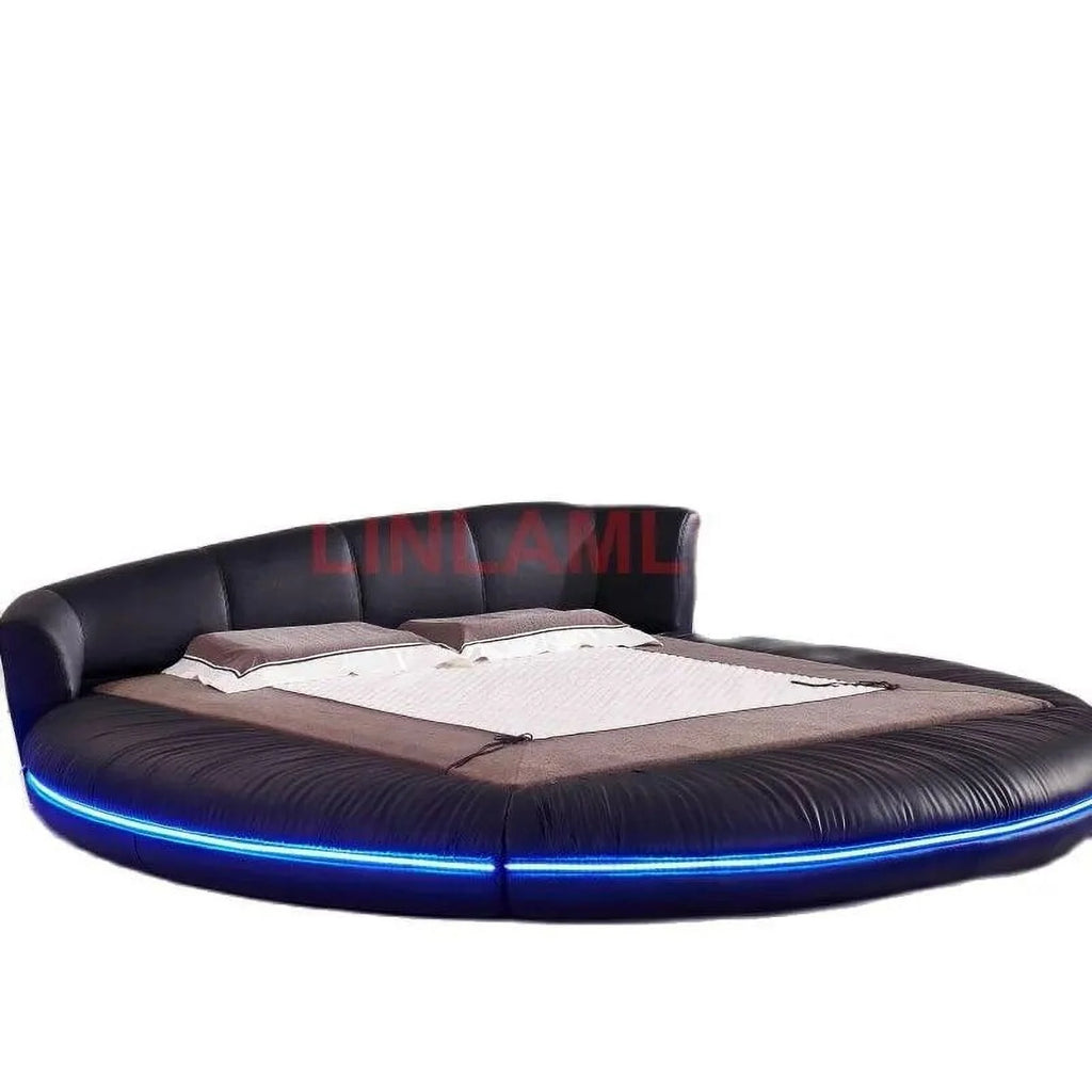 LED Light Round Bed Frame Genuine Leather Bed J3004