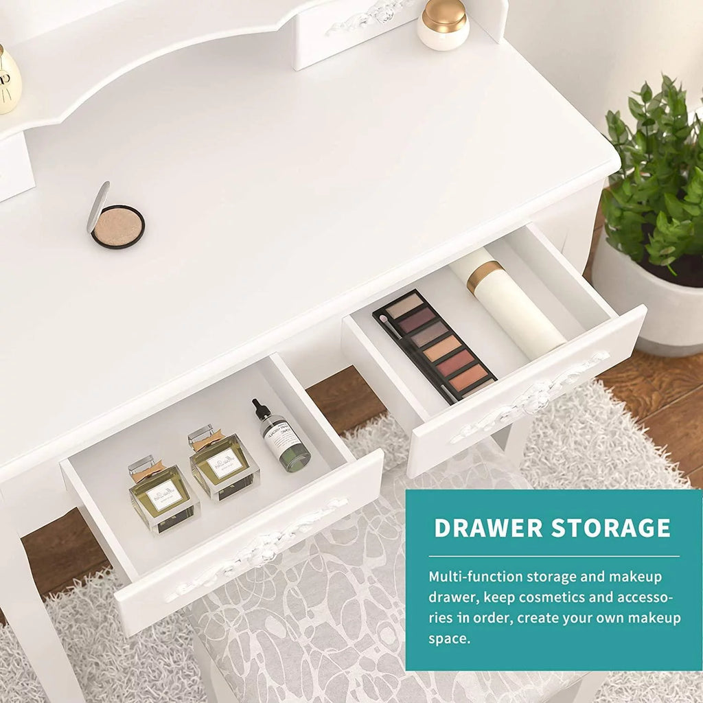 White Vanity Table and Stool Set with 4 Drawers & Mirror H34253