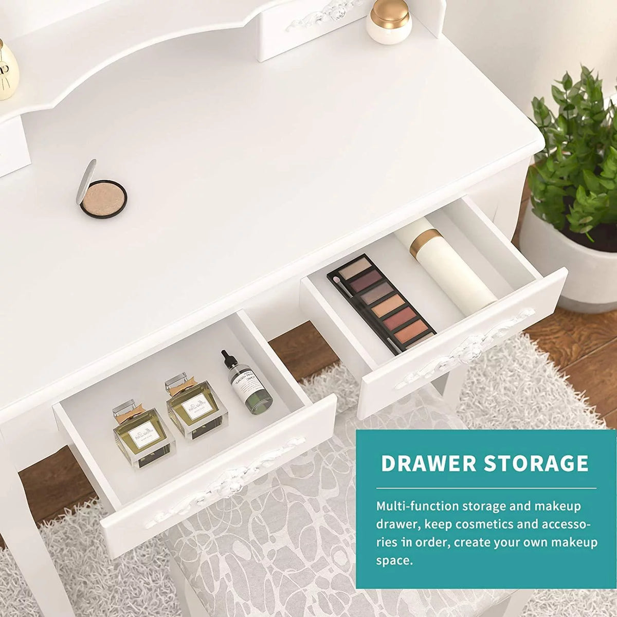 White Vanity Table and Stool Set with 4 Drawers & Mirror H34253