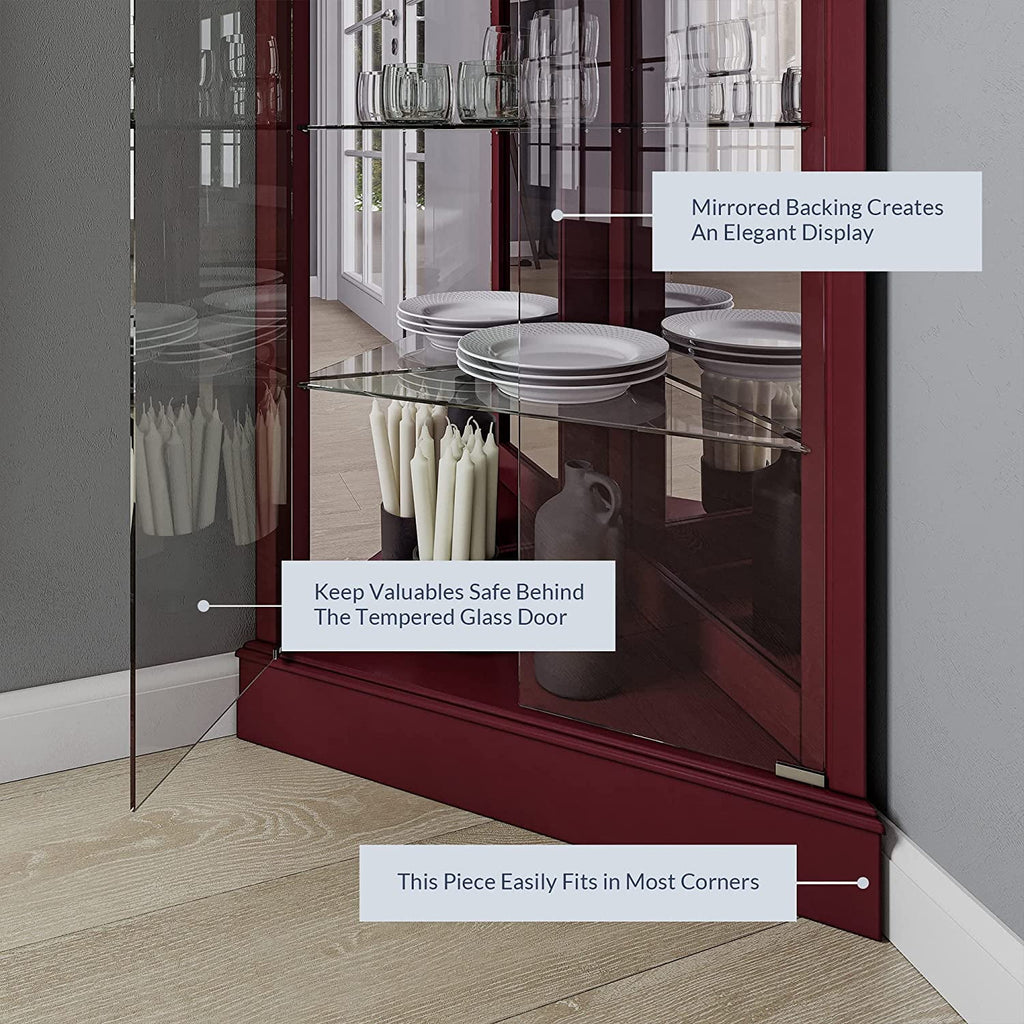 Lighted Corner Curio Cabinet with Tempered Glass Door, 6 Shelves U55795