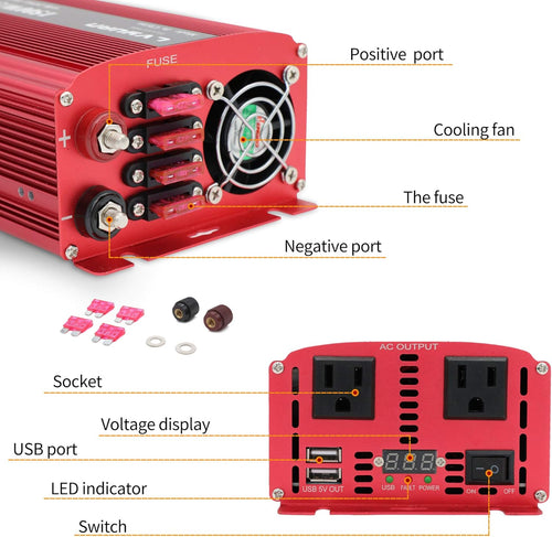 1500W Power Inverter with Dual AC Outlets and Dual USB Pack of 2 H172052