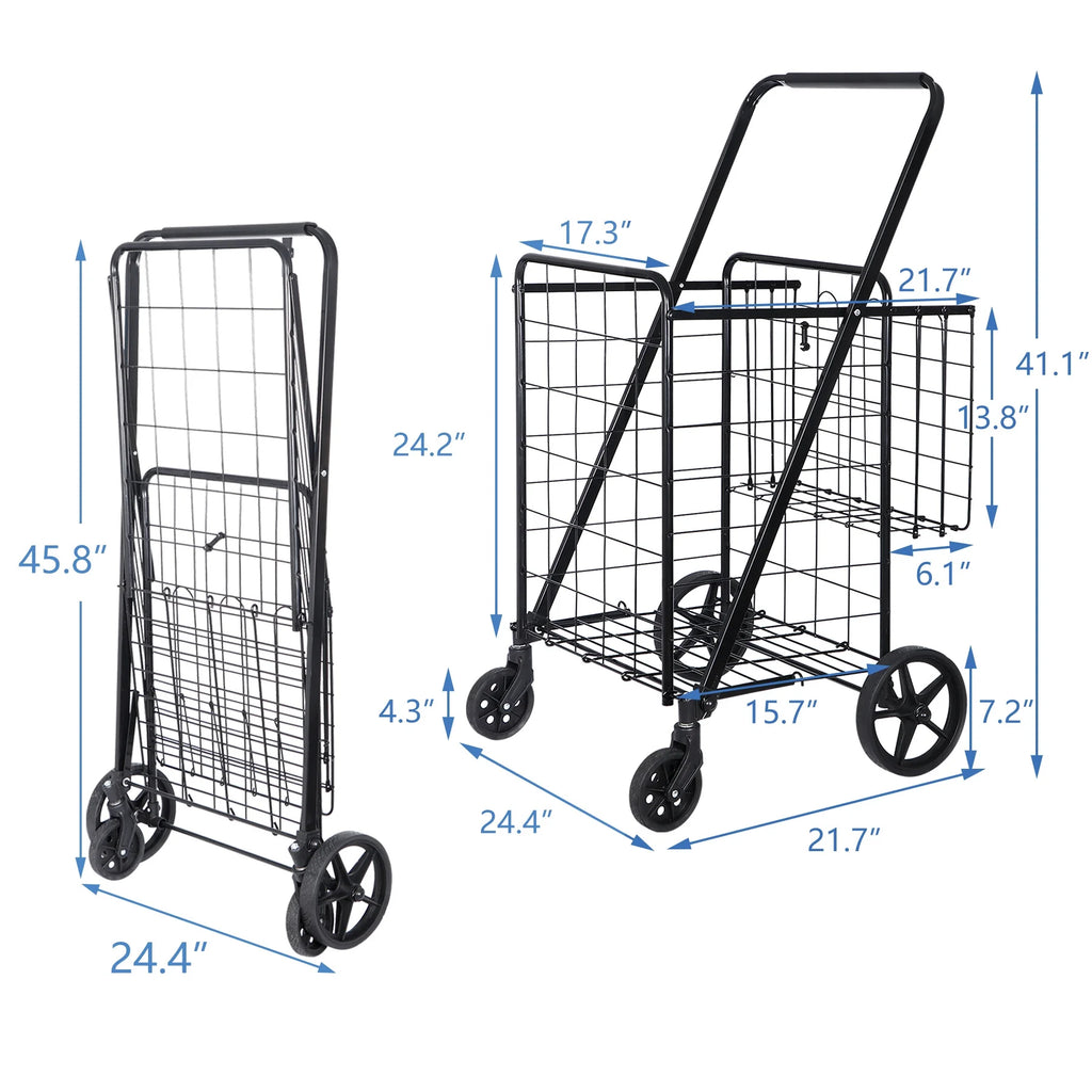 Black Folding Utility Shopping Cart with Double Basket and Wheels S24030