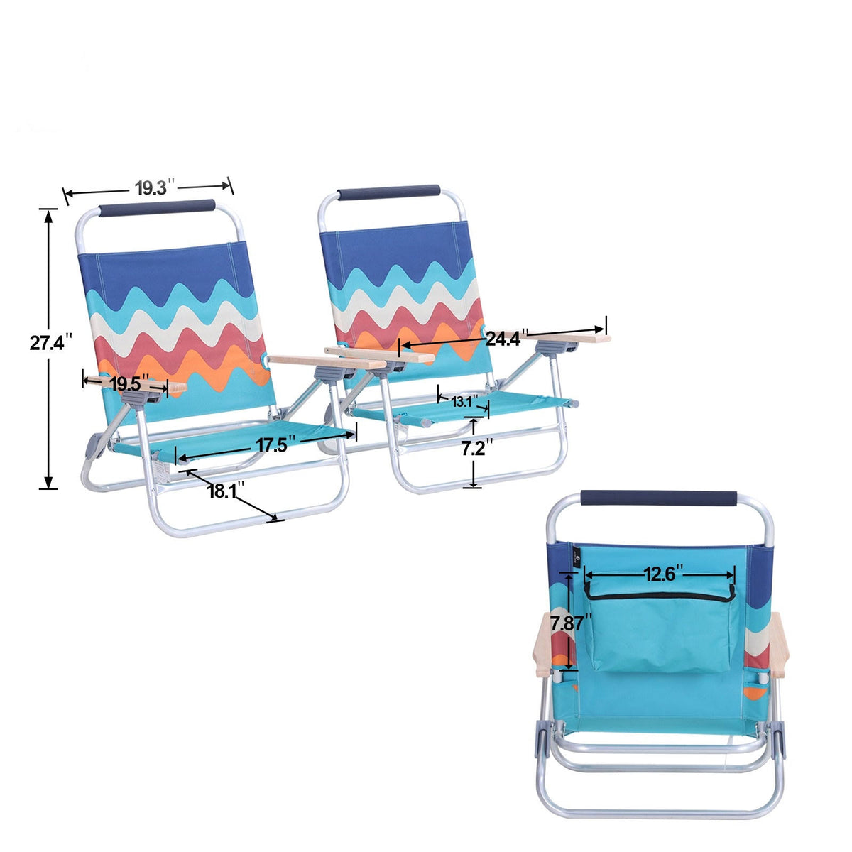 2-Piece Low Folding Adjustable Beach Chairs with Cooler Bag O349