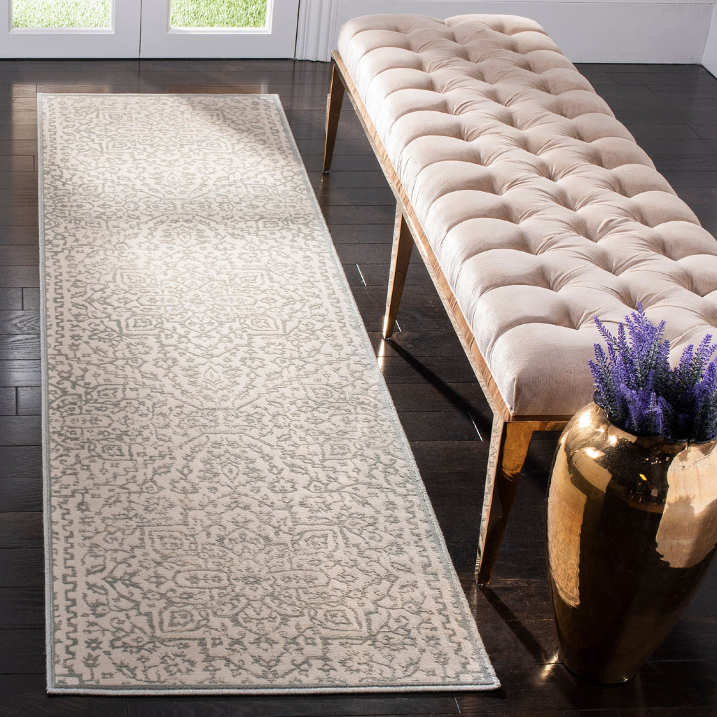 Light Blue Ivory Geometric Floral Runner Rug C600
