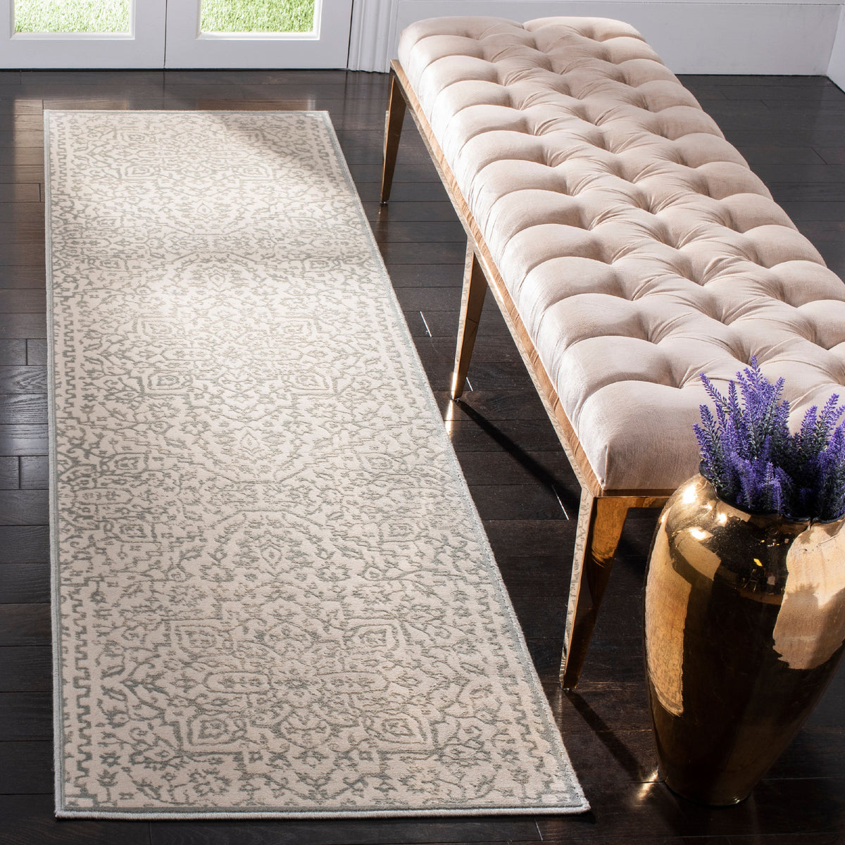 Light Blue Ivory Geometric Floral Runner Rug C600