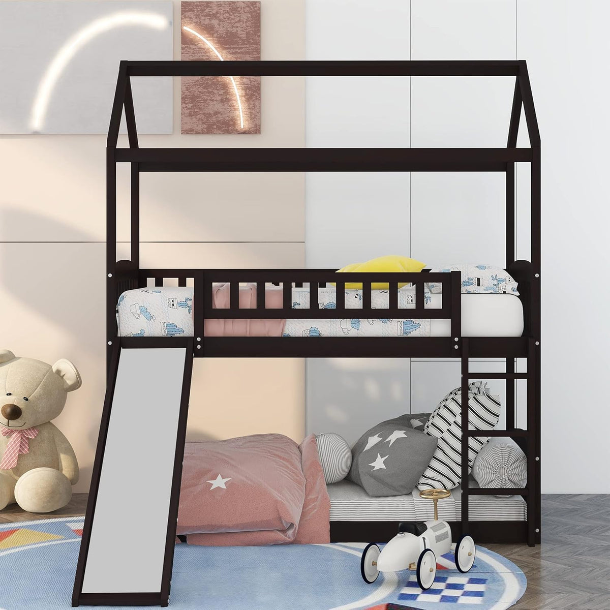 Twin House Shaped Bunk Beds with Slide and Ladder H1235