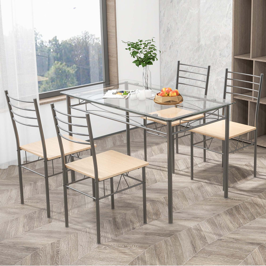 5 Piece Dining Set Table and 4 Chairs Glass Top Brown M349