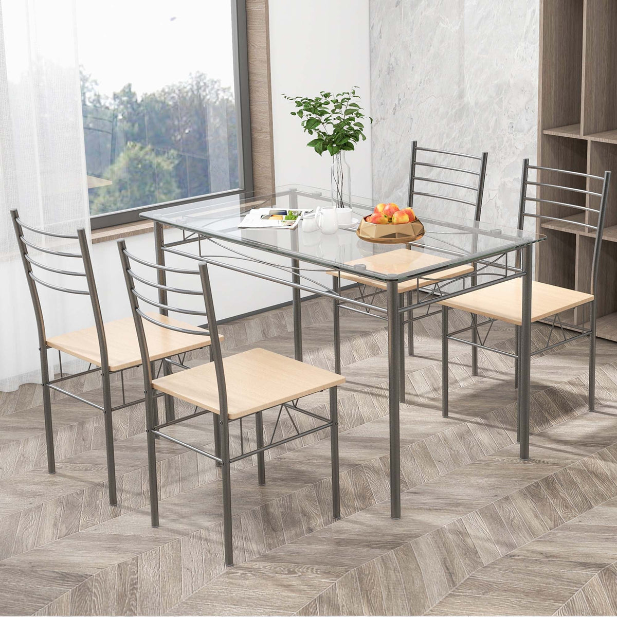 5 Piece Dining Set Table and 4 Chairs Glass Top Brown M349