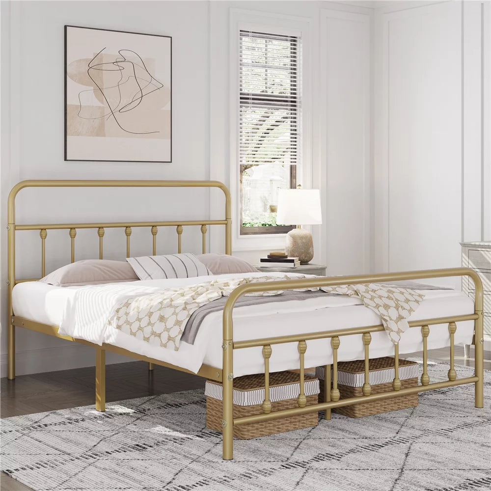 Platform Bed with High Headboard and Footboard Full Antique Gold U141593