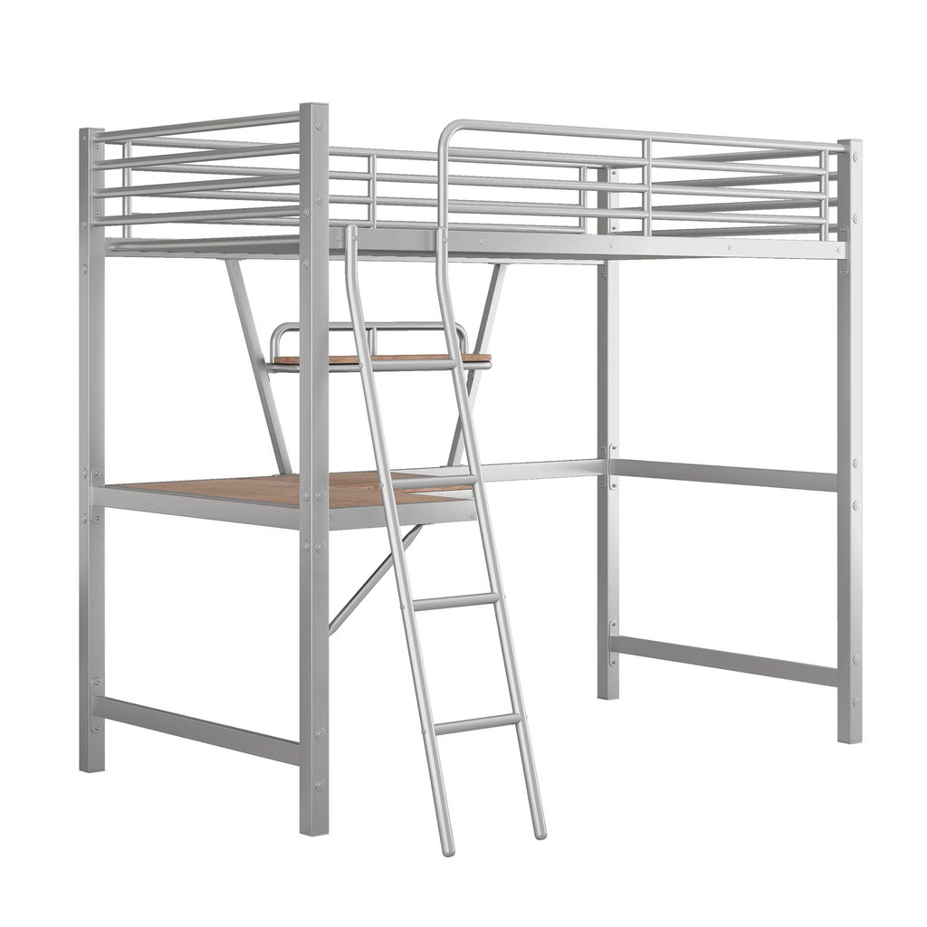 Twin Size Metal Loft Bed with Desk and Storage Shelf W384