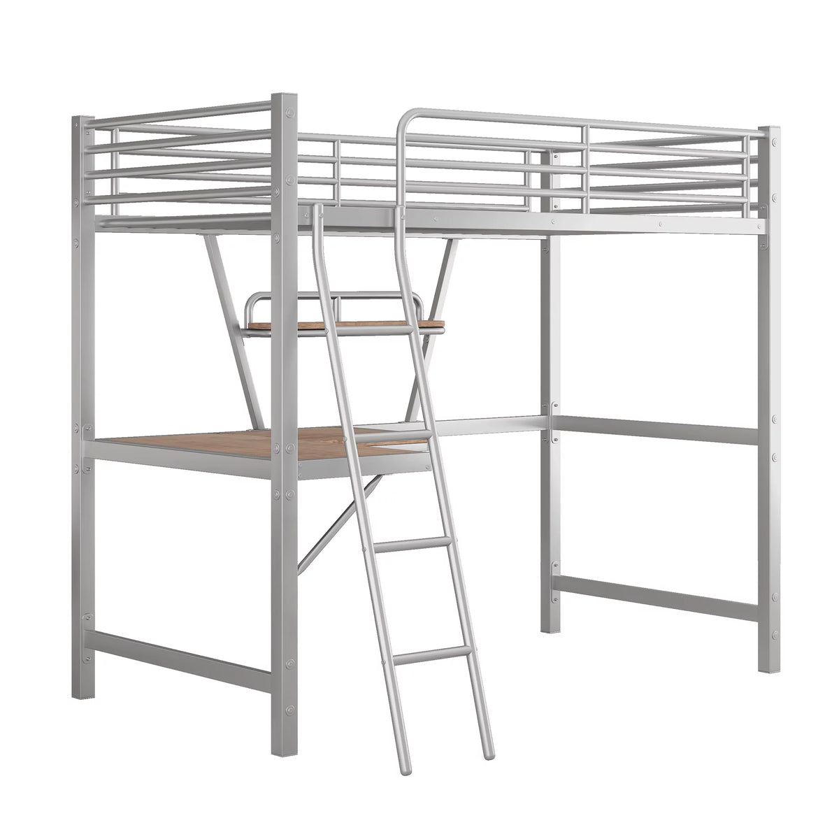 Twin Size Metal Loft Bed with Desk and Storage Shelf W384