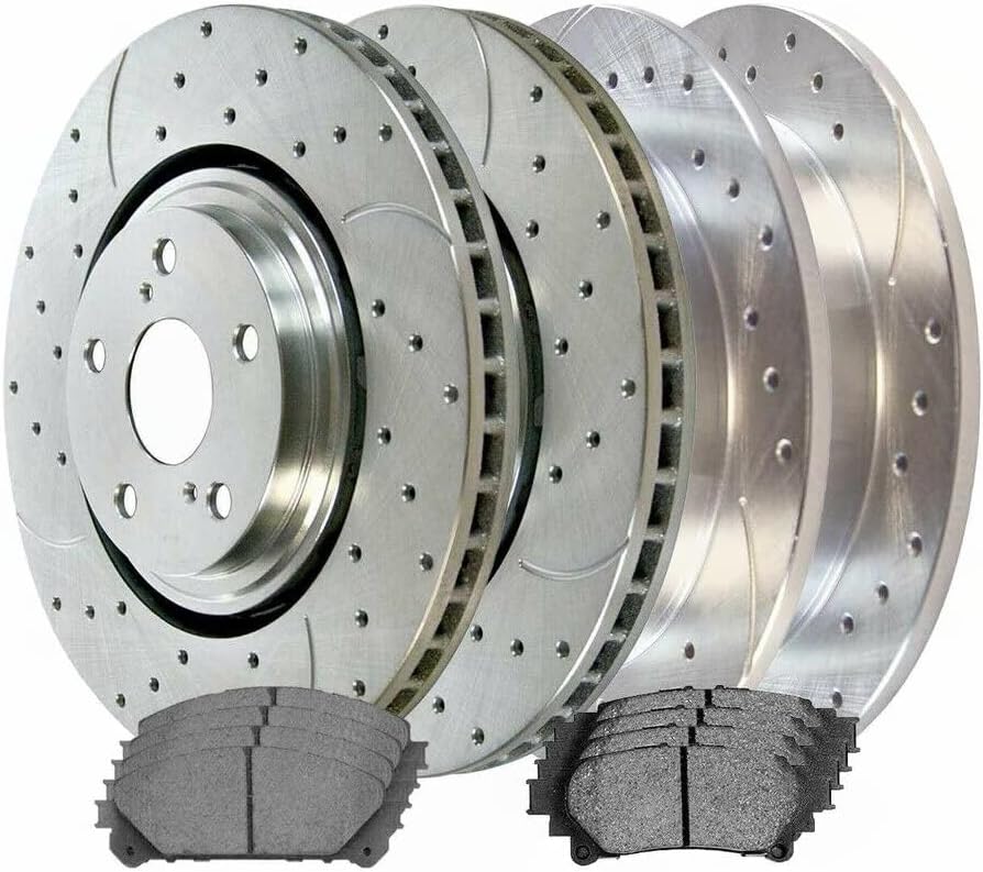 8pcs Ceramic Brake Pad Sets 4pcs Silver Drilled and Slotted Rotors Kit N3346