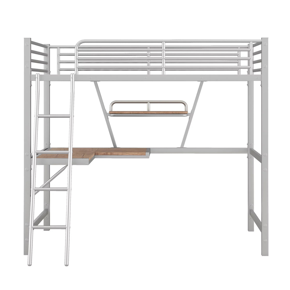 Twin Size Metal Loft Bed with Desk and Storage Shelf W384