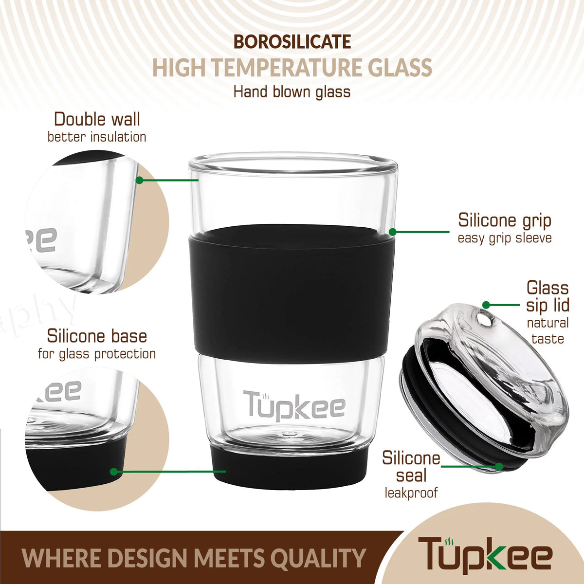 Black 8-Ounce Double Wall Glass Tumbler with Lid C821192