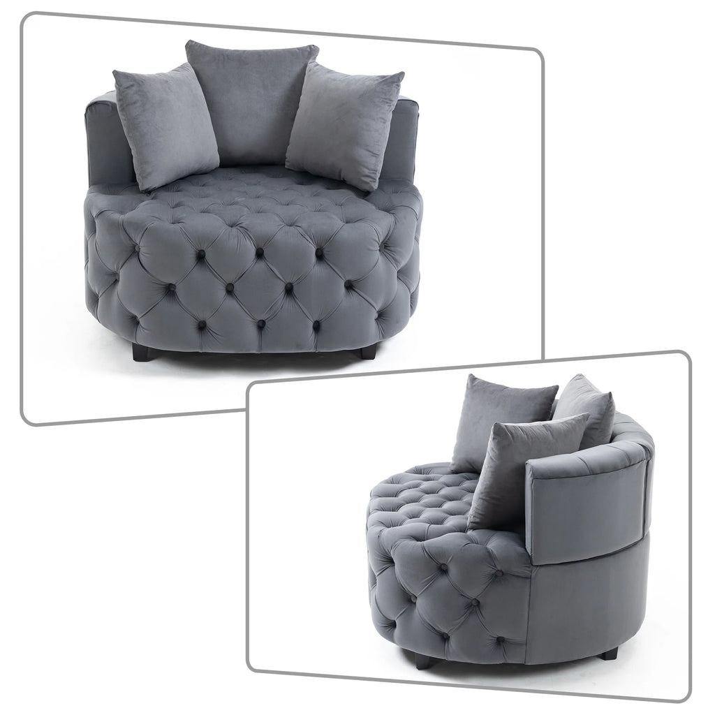 Gray Velvet Tufted Barrel Chair with Wooden Legs and 3 Pillows W99735