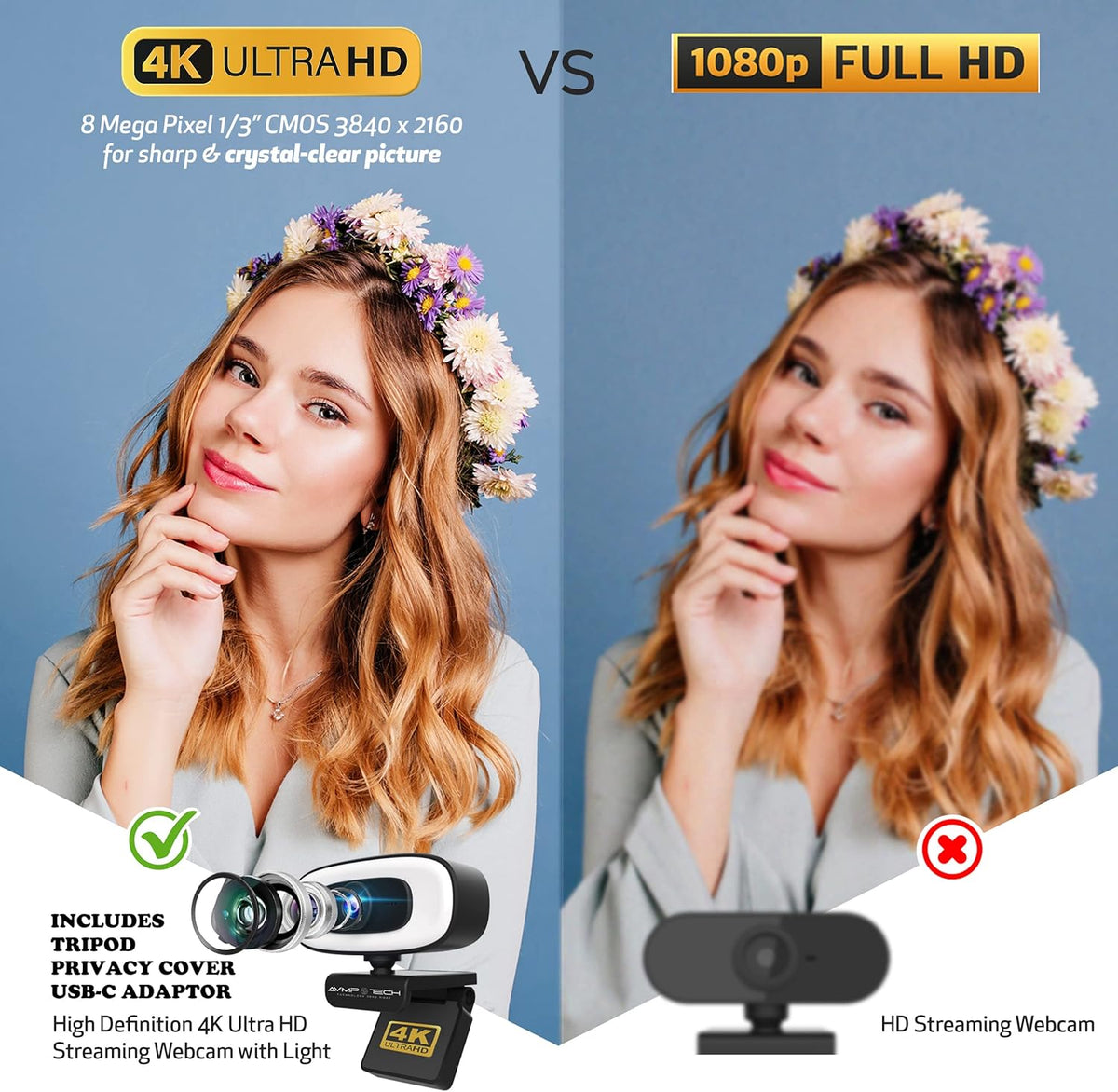 4K Ultra HD 8MP Autofocus USB Webcam with Microphone T916483