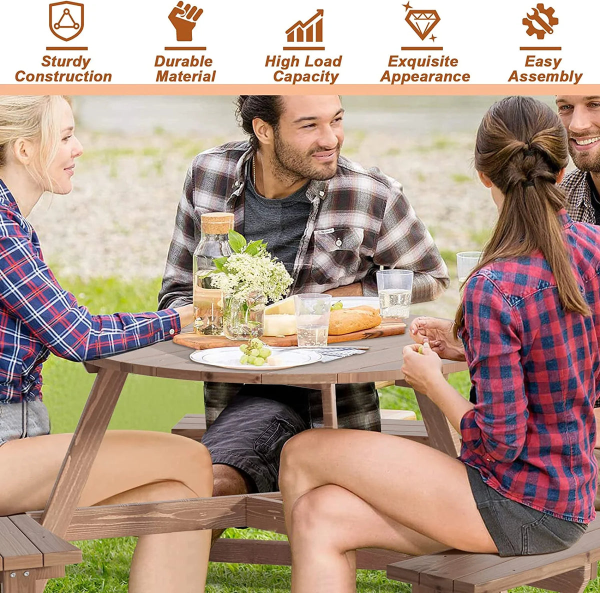 6 People Wooden Picnic Table Bench Set with Umbrella Hole F651177