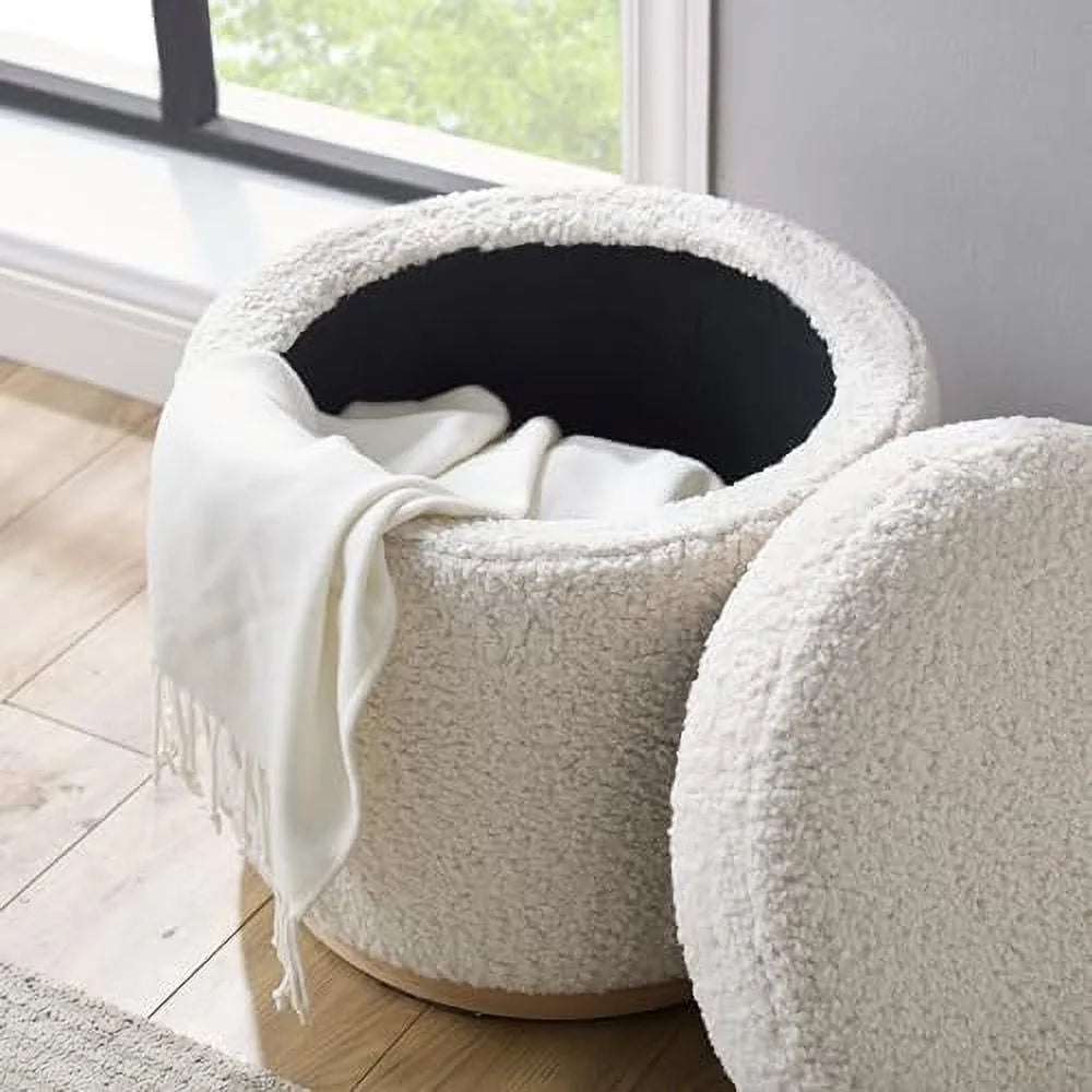 Natural Sherpa Round Ottoman with Wood Accent P90703