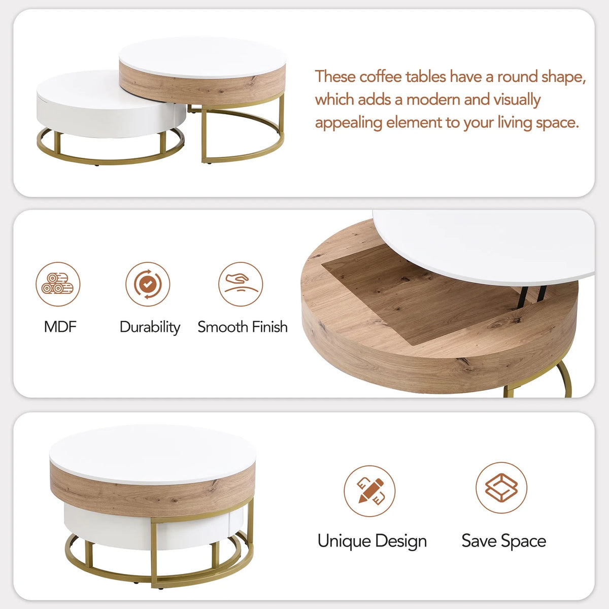 Round Lift-top Nesting Coffee Tables with 2 Drawers V802