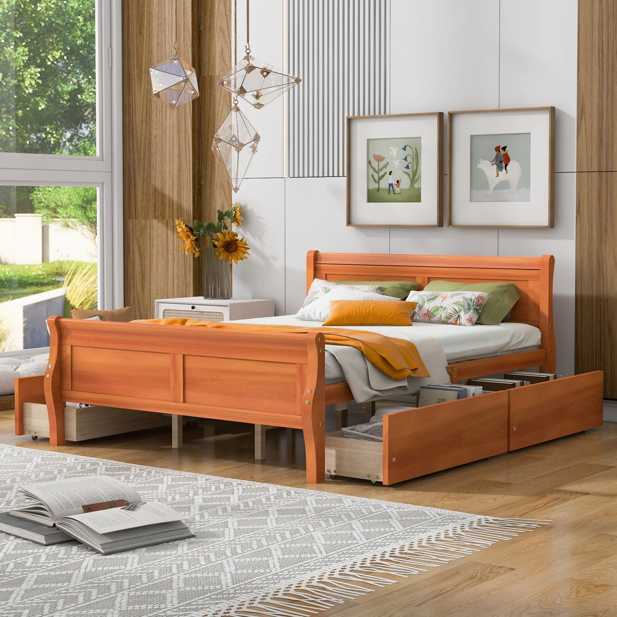 Queen Size Wood Platform Bed with 4 Drawers Y5346