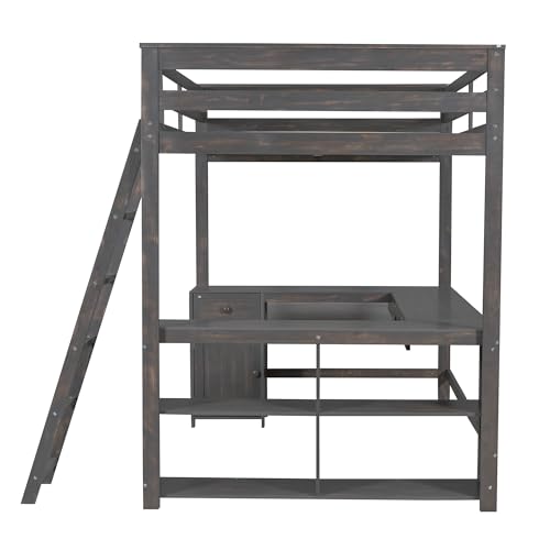 Full Size Solid Wood Loft Bed with Desk and Storage Drawers (White) X88122