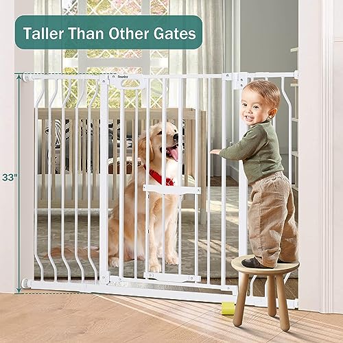White 33" Tall Extra Wide Auto Close Walk Thru Safety Gate with Small Pet Door E256528