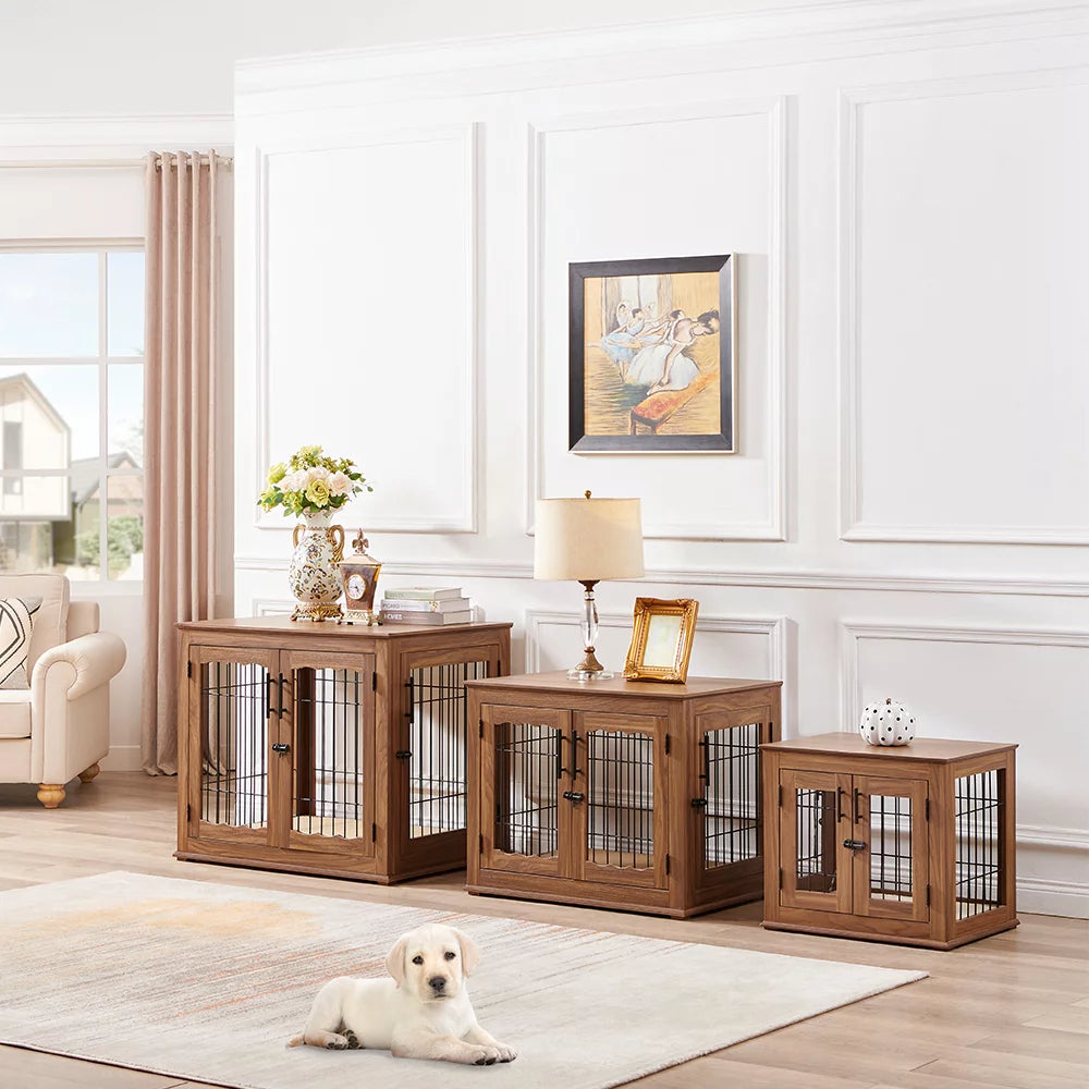 Wooden Double Doors Dog Crate with Pet Bed X36724