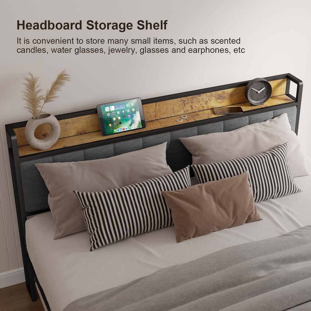 Full Size Bed Frame with Storage Headboard Dark Gray C398818