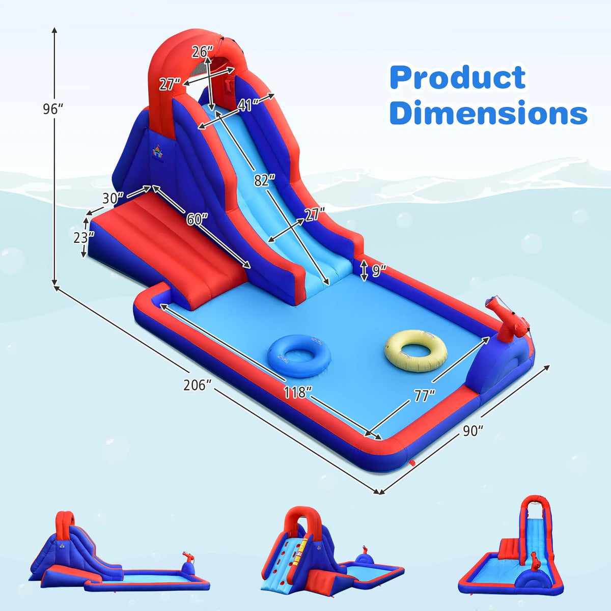 Inflatable Waterslide with Climbing Wall Slide Splash Pool Swim Rings U3582