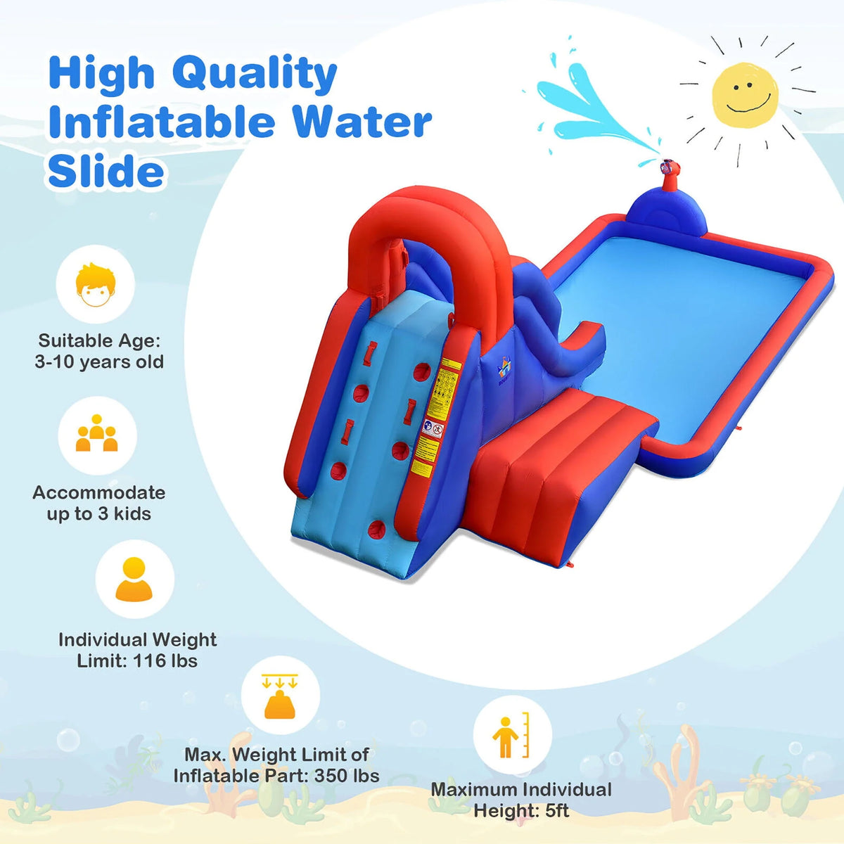Inflatable Waterslide with Climbing Wall Slide Splash Pool Swim Rings U3582