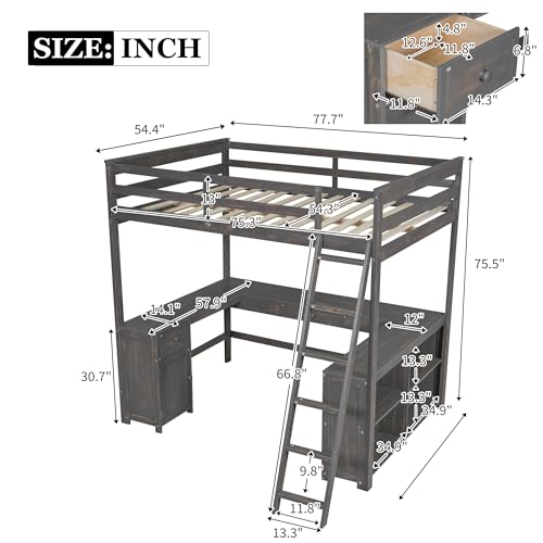 Full Size Solid Wood Loft Bed with Desk and Storage Drawers (White) X88122