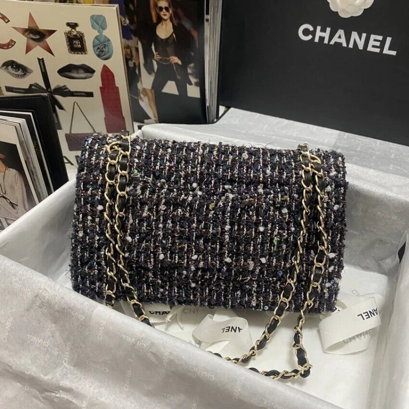 Navy Blue Multicolor Glittered Tweed Bag A347